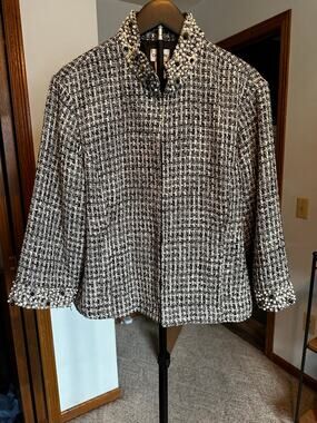 Chico's Black White Tweed Pearl Jacqueline Jacket Beaded Mock Neck Blazer  3/XL